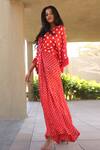 Dyelogue_Red Modal, Silk Round Neck Bandhej Pattern Knotted Front Kaftan _Online_at_Aza_Fashions