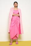 Buy_Pooja Rajgarhia Gupta_Pink Georgette Collared Honeycomb Repeat Print Jacket _at_Aza_Fashions