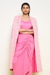 Shop_Pooja Rajgarhia Gupta_Pink Georgette Collared Honeycomb Repeat Print Jacket _at_Aza_Fashions