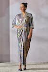 Buy_Tarun Tahiliani_Blue Foil Jersey Printed Floral V-neck Dress_at_Aza_Fashions