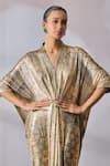 Buy_Tarun Tahiliani_Beige Foil Jersey Printed Floral V-neck Pleated Dress _Online_at_Aza_Fashions