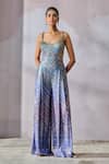 Buy_Tarun Tahiliani_Blue Foil Jersey Printed Geometric V-neck Jumpsuit _at_Aza_Fashions