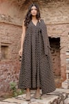 Shop_Gulabo Jaipur_Black Cotton Print Fleur V Neck Kamya Handblock Quilted Coat With Dress_at_Aza_Fashions