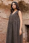 Gulabo Jaipur_Black Cotton Print Fleur V Neck Kamya Handblock Quilted Coat With Dress_Online_at_Aza_Fashions