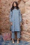 Buy_Gulabo Jaipur_Blue Cotton Embroidery Round Neck Kayal Tulip Handblock Print Kurta Set _at_Aza_Fashions