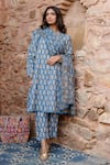 Shop_Gulabo Jaipur_Blue Cotton Embroidery Round Neck Kayal Tulip Handblock Print Kurta Set _at_Aza_Fashions