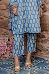 Buy_Gulabo Jaipur_Blue Cotton Embroidery Round Neck Kayal Tulip Handblock Print Kurta Set _Online_at_Aza_Fashions