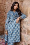 Gulabo Jaipur_Blue Cotton Embroidery Round Neck Kayal Tulip Handblock Print Kurta Set _at_Aza_Fashions