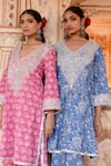 Gulabo Jaipur_Pink Cotton Embroidery Zardozi V Neck Noor Work Bahar Print Kurta With Pant_Online_at_Aza_Fashions