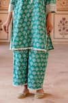 Gulabo Jaipur_Green Cotton Embroidery Zardozi V Neck Noor Work Phool Print Kurta With Pant_Online_at_Aza_Fashions