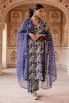 Gulabo Jaipur_Blue Cotton Printed Peacock Motif V Neck Aruna Embroidered Kurta Pant Set _Online_at_Aza_Fashions