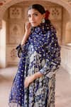 Gulabo Jaipur_Blue Cotton Printed Peacock Motif V Neck Aruna Embroidered Kurta Pant Set _at_Aza_Fashions