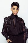 Buy_Pankaj & Nidhi_Black Silk Organza Knight Fleur Crop Bomber Jacket With Inner  _at_Aza_Fashions