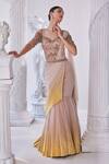 Shop_Mandira Wirk_Peach Net Embellished Bead Boat And Sequin Saree Gown _Online_at_Aza_Fashions