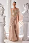 Buy_MANDIRA WIRK - Indian_Gold Net Embellished Bead Sweetheart Corset Pre-draped Saree Set _Online_at_Aza_Fashions