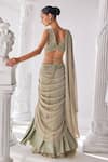 Mandira Wirk_Green Crinkle Embellished Bead Plunging V Sleeveless Corset Pre-draped Saree Set _Online_at_Aza_Fashions