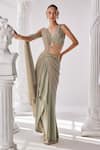 Buy_Mandira Wirk_Green Crinkle Embellished Bead Plunging V Sleeveless Corset Pre-draped Saree Set _Online_at_Aza_Fashions