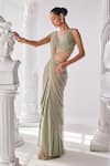 Shop_Mandira Wirk_Green Crinkle Embellished Bead Plunging V Sleeveless Corset Pre-draped Saree Set _Online_at_Aza_Fashions