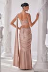 Mandira Wirk_Peach Net Embroidered Bead Sweetheart Shimmer Lycra Pre-draped Saree Set_Online_at_Aza_Fashions