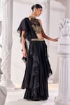 Buy_Mandira Wirk_Black Net Embroidered Cutdana Halter Corset Pre-draped Ruffled Saree Set_Online_at_Aza_Fashions