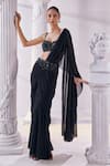 Shop_MANDIRA WIRK - Indian_Black Net Embroidered Cutdana And Bead Embellished Corset Pre-draped Saree Set _Online_at_Aza_Fashions