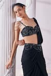 Shop_Mandira Wirk_Black Net Embroidered Cutdana And Bead Embellished Corset Pre-draped Saree Set_at_Aza_Fashions