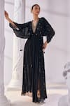 Buy_Mandira Wirk_Black Chiffon Embroidered Cutdana V Neck Kaftan Dress With Slip_Online_at_Aza_Fashions