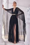 Buy_Mandira Wirk_Black Chiffon Embroidered Sequin V Neck High Slit Kaftan Dress_at_Aza_Fashions