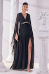 Buy_Mandira Wirk_Black Chiffon Embroidered Sequin V Neck High Slit Kaftan Dress_Online_at_Aza_Fashions