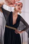 Shop_Mandira Wirk_Black Chiffon Embroidered Sequin V Neck High Slit Kaftan Dress_at_Aza_Fashions