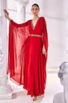 Buy_Mandira Wirk_Red Royal Georgette Embroidered Sequin V Neck Layered Kaftan Dress _at_Aza_Fashions