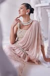 Shop_Mandira Wirk_Peach Net Embellished Bead Square Beadwork Pre-draped Saree Set_Online_at_Aza_Fashions