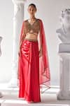 Buy_Mandira Wirk_Red Royal Satin Embroidered Tassels V Neck Draped Skirt Set_at_Aza_Fashions
