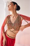 Shop_Mandira Wirk_Red Royal Satin Embroidered Tassels V Neck Draped Skirt Set_at_Aza_Fashions