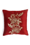 Shop_Amoliconcepts_Red Viscose Velvet Bead Flower Embroidered Cushion Cover_at_Aza_Fashions