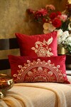 Shop_Amoliconcepts_Red Viscose Velvet Bead Flower Embroidered Cushion Cover