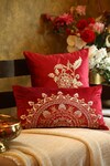 Amoliconcepts_Red Viscose Velvet Bead Mandala Embellished Cushion Cover_at_Aza_Fashions