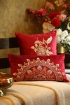 Amoliconcepts_Red Viscose Velvet Bead Mandala Embellished Cushion Cover_Online