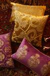 Amoliconcepts_Yellow Viscose Velvet Bead Paisley Work Cushion Cover_at_Aza_Fashions