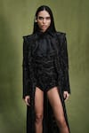 Pankaj & Nidhi_Black Bodysuit And Jacket Tulle Queen Of Clovers Embellished Noire Set  _Online