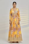 Samyukta Singhania_Yellow Chinon Crepe Print Floral Moroccan V Neck Tile Anarkali With Dupatta _at_Aza_Fashions