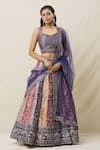 Shop_Samyukta Singhania_Multi Color Blouse And Lehenga Art Silk Printed Floral Stripe Panelled Set_Online_at_Aza_Fashions