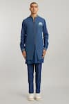 Buy_BUBBER COUTURE_Blue Denim Etching Hugo Etched Sherwani Jacket _at_Aza_Fashions