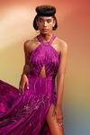 GG by Asha Gautam_Wine Rose Satin Embroidery Bead Halter Neck Gown  _Online_at_Aza_Fashions