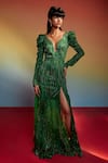 Buy_GG by Asha Gautam_Green Organza Embroidery Bead Plunge V Neck Stripe Gown  _at_Aza_Fashions