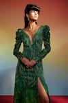 Shop_GG by Asha Gautam_Green Organza Embroidery Bead Plunge V Neck Stripe Gown  _at_Aza_Fashions