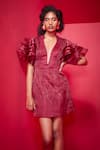 Buy_GG by Asha Gautam_Maroon Organza Embroidered Sequin Plunge Ruffle Sleeve Short Dress  _at_Aza_Fashions