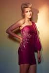 Shop_GG by Asha Gautam_Wine Organza Embroidered Sequin Asymmetric One Shoulder Short Dress _at_Aza_Fashions