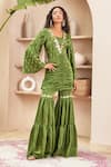 Buy_Papa Don't Preach Pret_Green Satin Linen Embroidery Acrylic Stones V Esther Gathered Tunic Sharara Set _at_Aza_Fashions