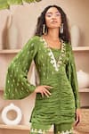 Papa Don't Preach Pret_Green Satin Linen Embroidery Acrylic Stones V Esther Gathered Tunic Sharara Set _Online_at_Aza_Fashions